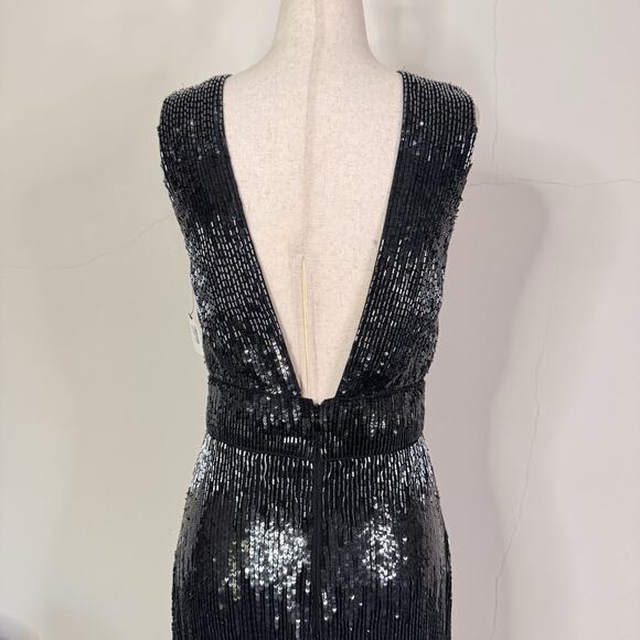 Burnett New York Sequin Beaded Deep V Gown Black Indigo Runway Dress Size 2 NWT - Picture 11 of 14